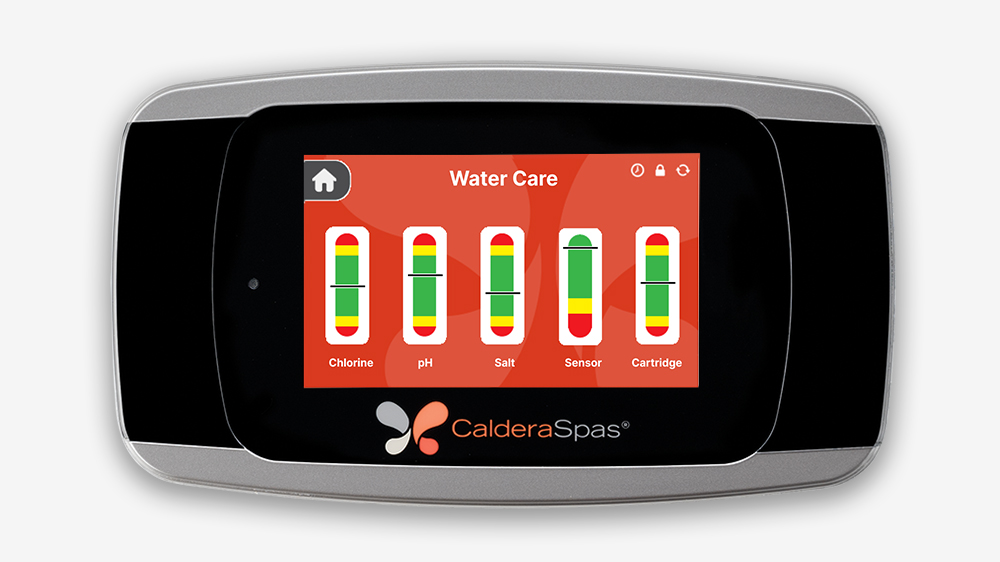 Caldera spa control panel displaying FreshWater IQ water-care information